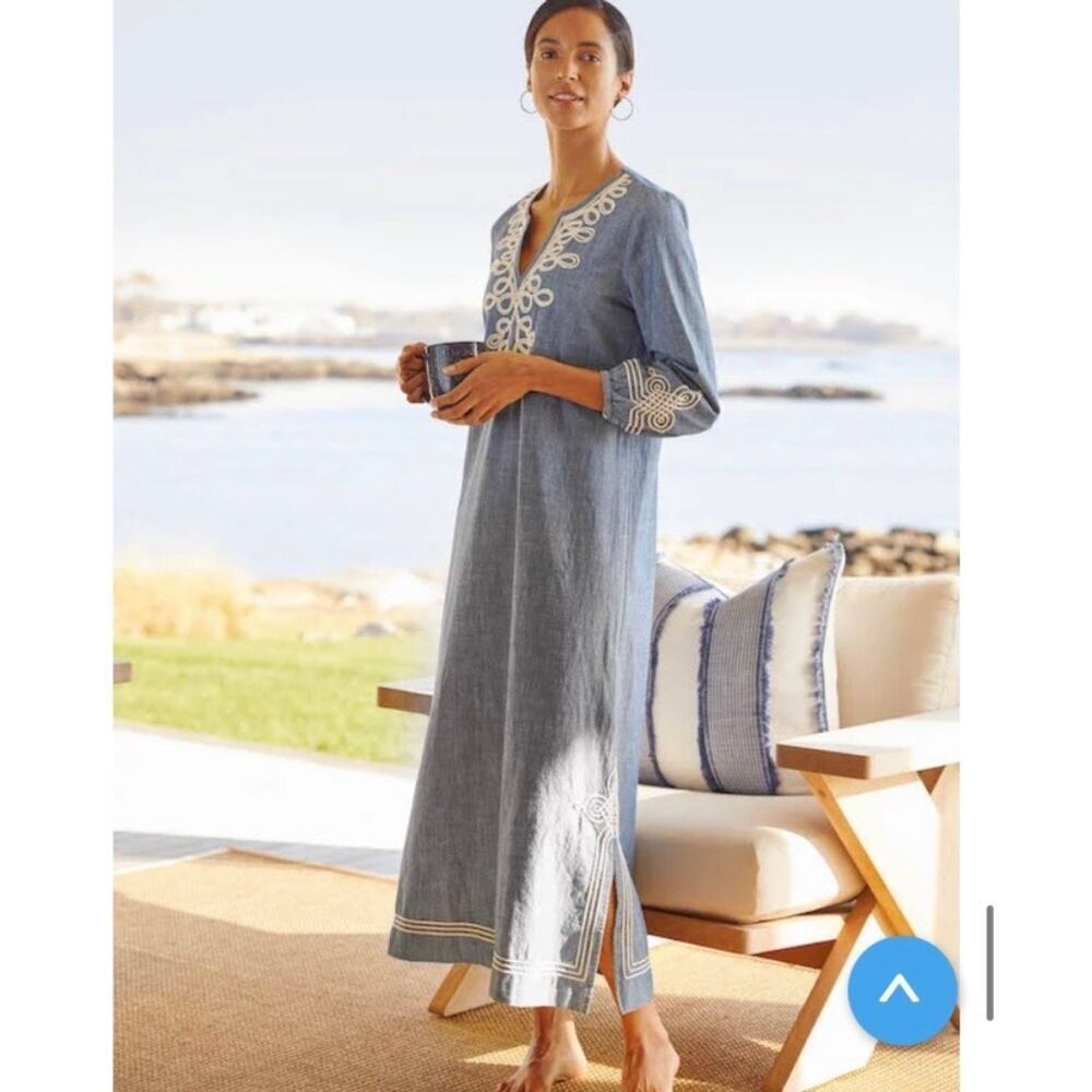 J McLaughlin Pansy Chambray Tunic Midi Dress XS Embroidered Side Slits Coastal - Picture 4 of 13